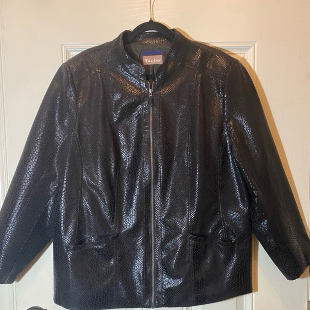 TanJay Black Snakeskin Faux Leather Bomber Jacket Full Zip‎ Coat 20W 22W